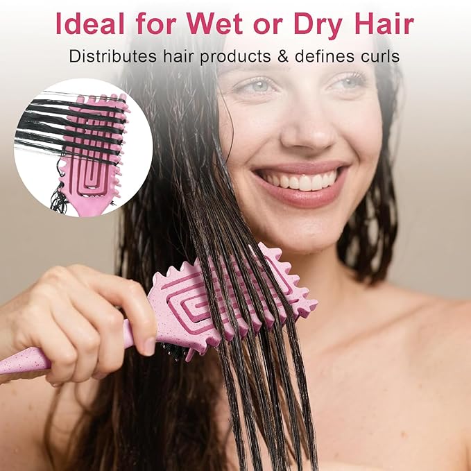 2-Pack Curly Hair Brush, Curl Defining Brush with Soft Boar Bristles Detangling Tangled Glides, Wide-Teeth Design Effortlessly Shaping & Defining Curls, Curling Definer for Wet & Dry Hair (Green Pink)