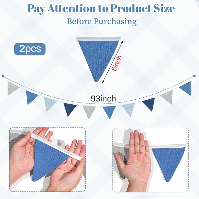 2PCS Pennant Banner Flags, Fabric Bunting Banner Nursery Garland Decor, Baby Shower Garland, Triangle Flags for Baby Boy Room, Playroom, Boho Birthday Party Decor, Each 7.75 ft (Blue Gray)