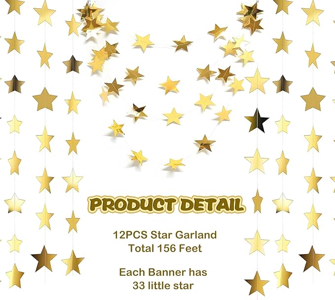 158 Feet 12 PCS Glitter Gold Star Garland Banner Decoration, Reflective Sparkle Little Star Paper Hanging Decor Double Side Star Streamer Bunting for Party Wedding Christmas Birthday Festival