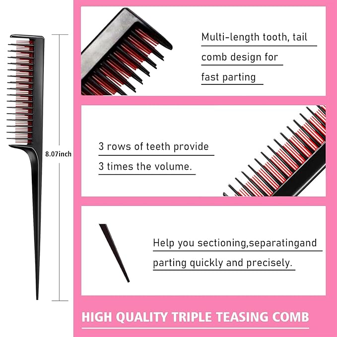 8 Pieces Styling Comb Set - Teasing Brush, Rat Tail Comb, Edge Brush for Slicking and Combing Hair for Women (Pink)