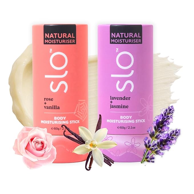 Slo Natural Moisturizing Stick | Body Balm with Organic Ingredients | Hydrating Nourishing | Coconut, Cocoa Butter & Antioxidants | Travel-Friendly | Rose Vanilla & Lavender Jasmine | 2x2.1oz/60g