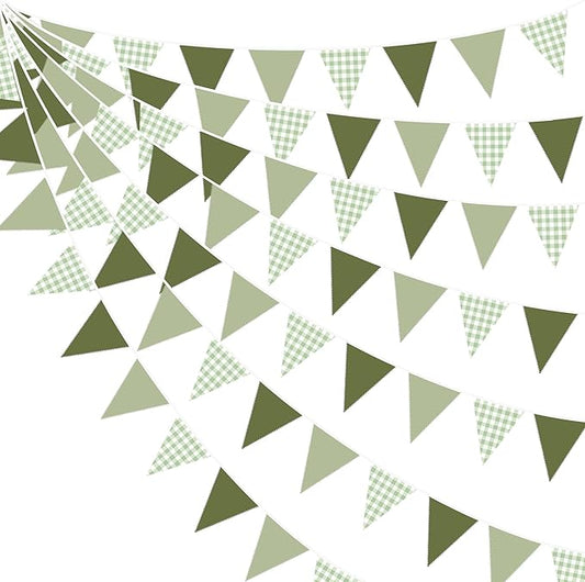 32Ft Sage Green Party Decorations Sage Gingham Banner Olive Green Buffalo Plaid Checkered Triangle Flag Pennant Fabric Garland Streamers for Birthday Baby Shower Wedding Picnic Golf Party Decorations