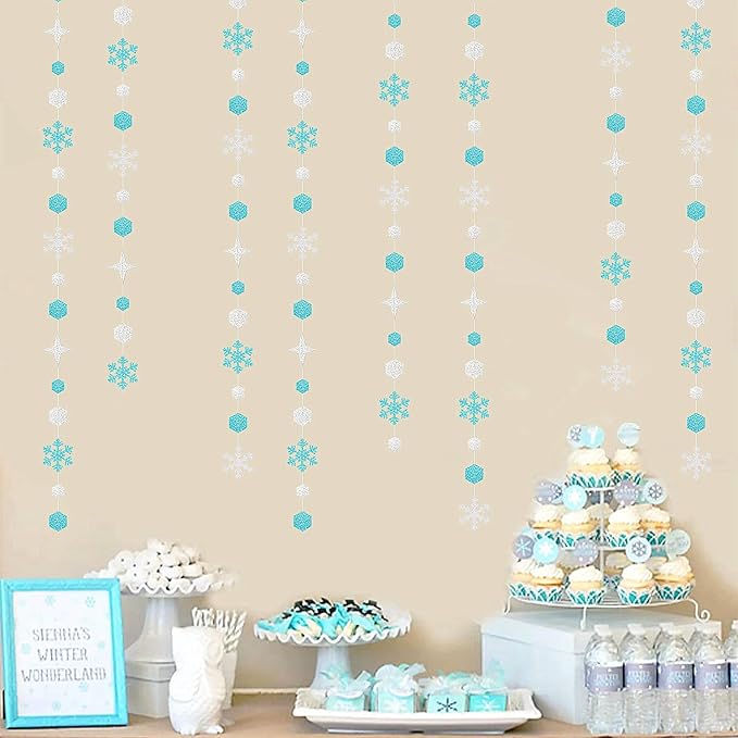 Snowflake-Snow Teal-Silver Christmas Party-Decorations Streamers - 52Ft White Winter Wonderland Frozen Hanging Paper Garland Banner,Birthday Wedding Baby Bridal Shower New Year Supplies Decor Hugtmr