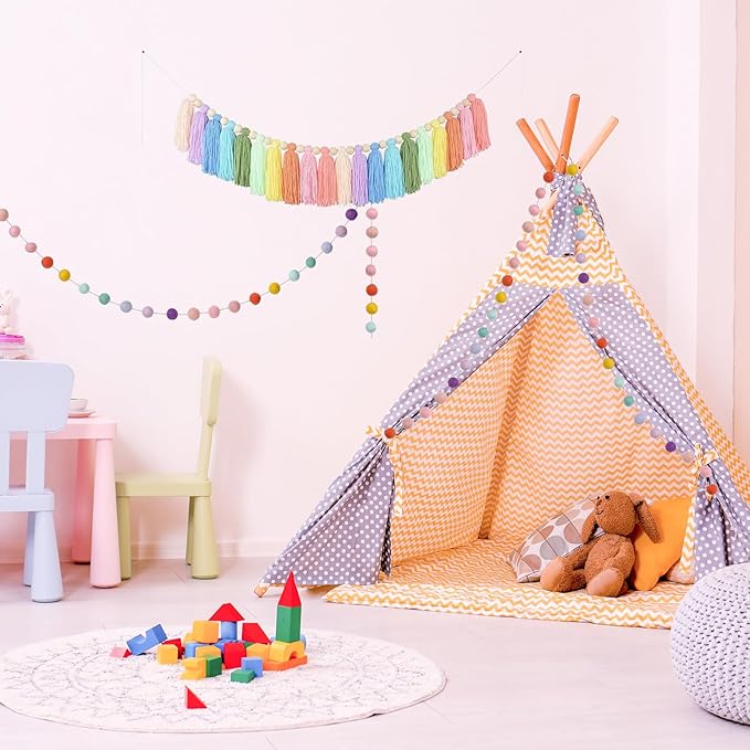 2pcs Boho Tassel Garland,Pom Pom Tassel,6.5 Feet Long 20 Balls Ball Garland,Colorful Wall Hanging Party Decorative Banner Pastel,Home Decoration Wedding Birthday Baby Shower