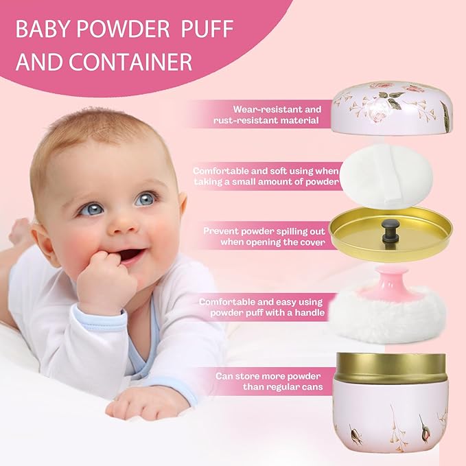 SHIMIDO Body Powder Puff and Container, 3.15" Portable Empty Body Powder Container for Baby Women's Loose Dusting Powder, Powder Case Box with Lids for Bath, Travel and Home Use (Old time&Dark Night)