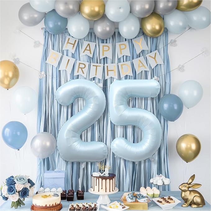 40 Inch 25 Balloon Number, Large Dusty Pastel Baby Blue Foil Number 25 Balloons Birthday Party Decor, Light Blue Helium Mylar Self Inflating Balloon for Boys Men 25th Birthday Anniversary Decorations
