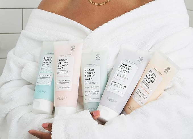 VOESH Sugar Scrub + Bubble Wash, Exfoliating Body Scrub & Body Wash, Blossom Bliss, Scalp Scrub, Scalp Care, Shower Sugar Scrub, Vegan Body Care