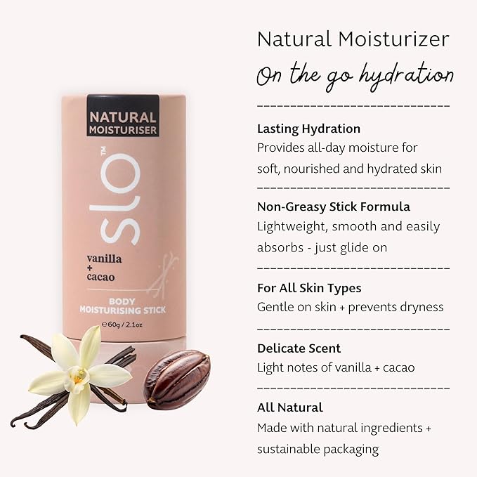 Slo Natural Moisturizing Stick | Body Balm for Dry Skin with Organic Ingredients | Hydrating + Nourishing | Coconut, Cocoa Butter & Antioxidants | Travel-Friendly | Vanilla + Cacao | 2.11oz/60g