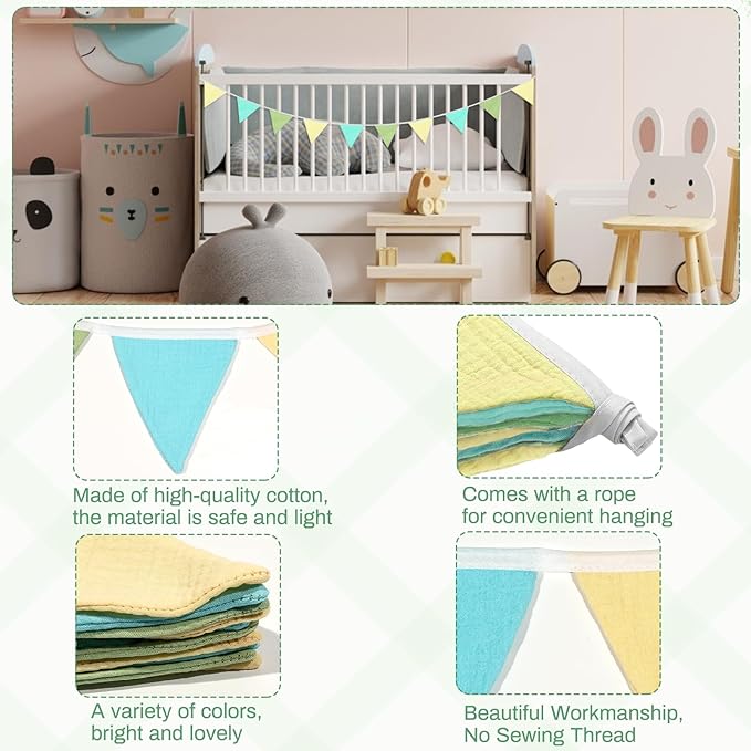 2PCS Pennant Banner Flags, Fabric Bunting Banner Nursery Garland Decor, Baby Shower Garland, Triangle Flags for Baby Boy Room, Playroom, Boho Birthday Party Decor, Each 7.75 ft (Yellow Green Blue)