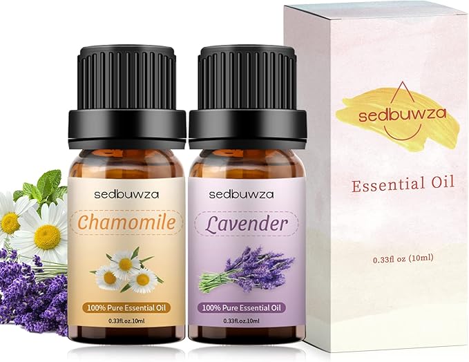 Sedbuwza Lavender Chamomile Essential Oil Set, Lavender Fragrance Oil Chamomile Scent Oil Set for Diffuser, Aromatherapy, Massage, Soap, Candle Making 2 x 10 ml