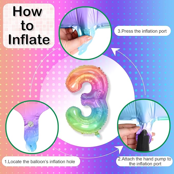 3rd Birthday Balloons for Boys, 40 Inch Foil Self Inflating Rainbow Number 3 Balloon, Large Mylar Colorful Multicolor 3 Balloon Number for Kids 3 Yeal Old Birthday Party Decor Anniversary Decorations