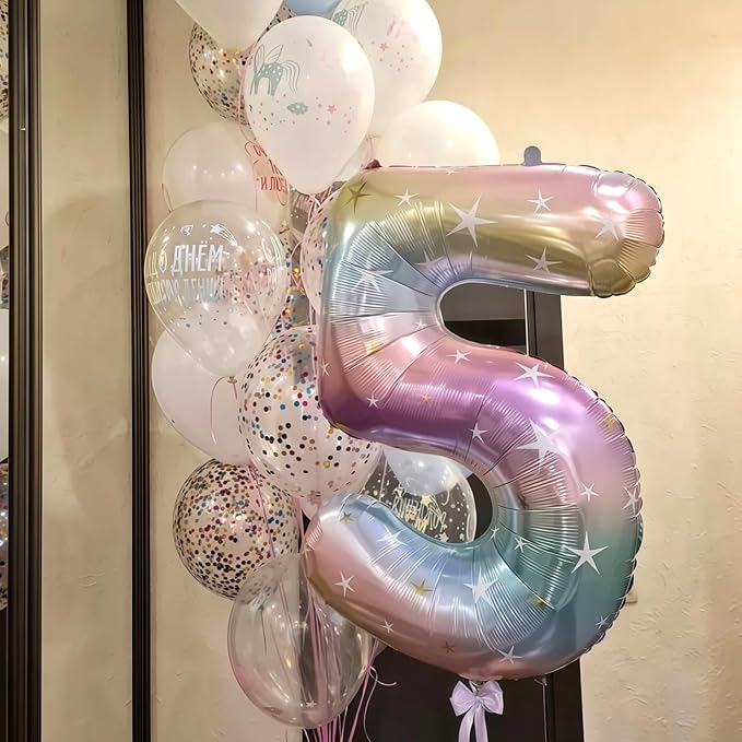 3rd Birthday Balloons for Girls, 40‘’ Foil Self Inflating Rainbow Stars Number 3 Balloon, Large Colorful Multicolor 3 Balloon Number for Kids 3 Yeal Old Birthday Party Decor Anniversary Decorations