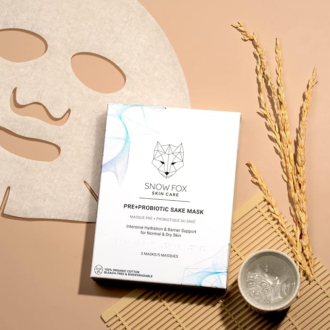 Snow Fox Pre+Probiotic Sake Sheet Mask – Microbiome Supportive Face Mask with 5 Vegan Biotics & Japanese Sake Ferment – Hydrating, Firming, Glowing Skincare – 5 Pack