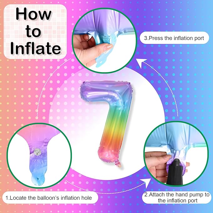 7th Birthday Balloons for Girls, 40'' Foil Self Inflating Light Rainbow Number 7 Balloon, Large Helium Mylar Colorful Multicolor 7 Balloon Number for Kids Birthday Party Decor Anniversary Decorations