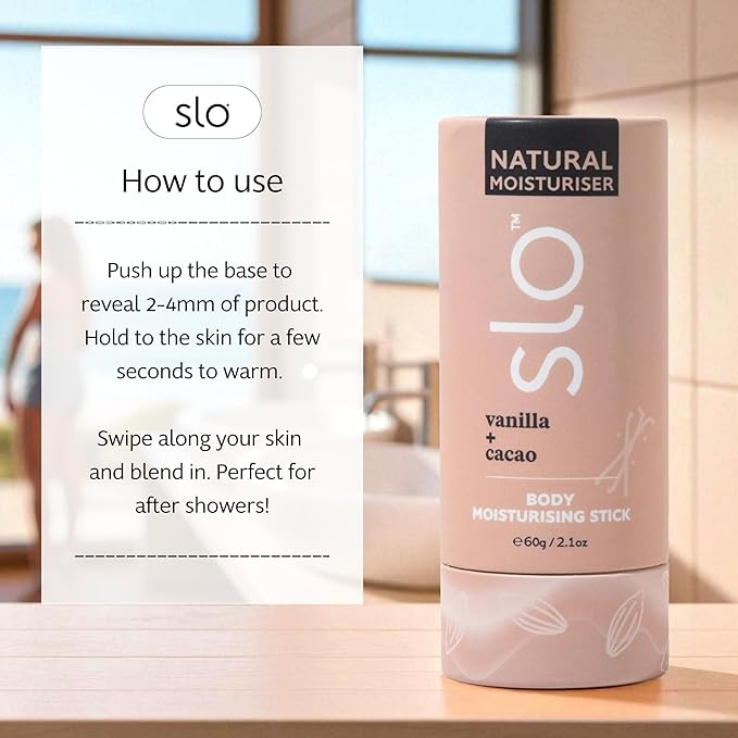 Slo Natural Moisturizing Stick | Body Balm for Dry Skin with Organic Ingredients | Hydrating + Nourishing | Coconut, Cocoa Butter & Antioxidants | Travel-Friendly | Vanilla + Cacao | 2.11oz/60g