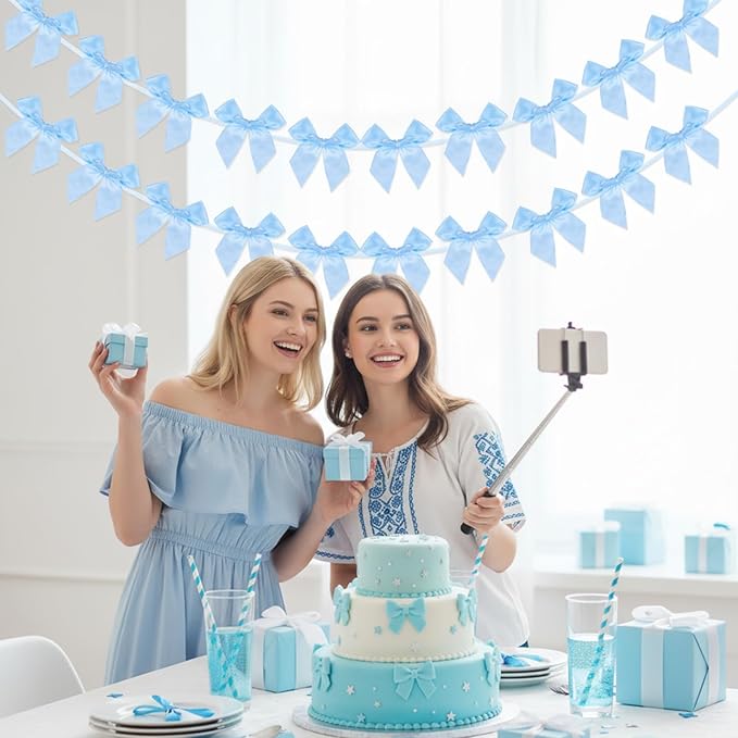 2Pcs Bow Garland Banner,Ribbon Bow Decorations for Party,Blue Bow for Baby Shower Decorations Wedding Bachelorette Bridal Shower Supplies(Blue)