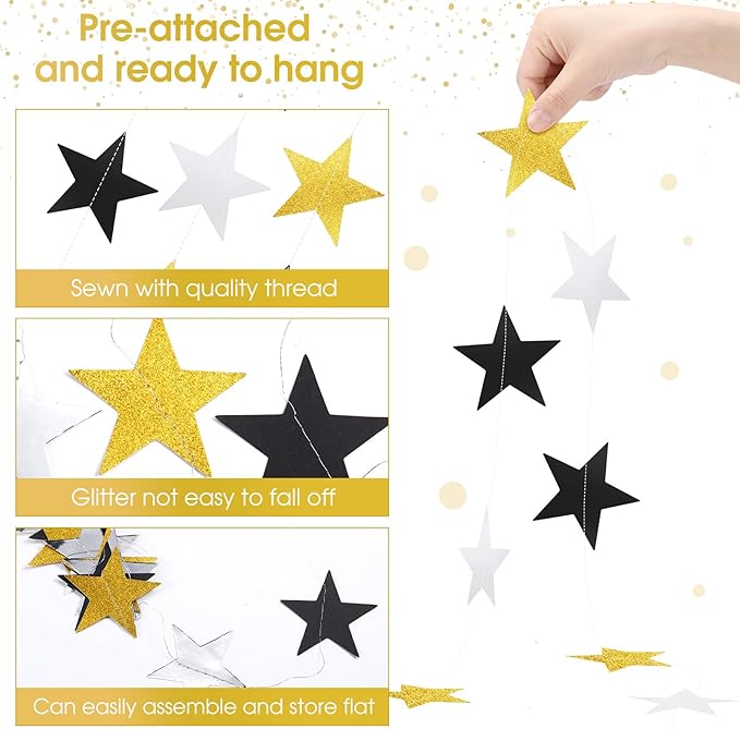 Patelai Glitter Star Garland Banner New Years Decor 130 Feet Star Hanging Banner Twinkle Backdrop for Birthday Classroom Wedding Halloween Christmas Party Supplies(Silver Gold Black)