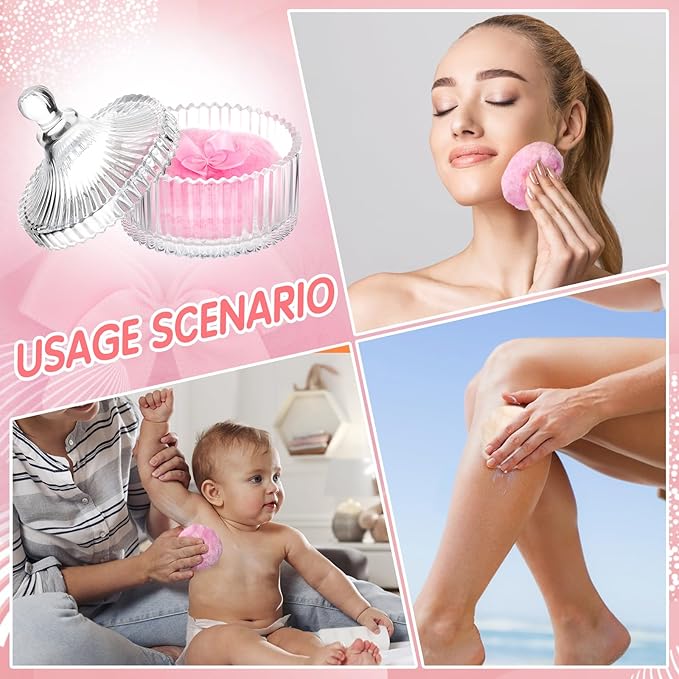 Body Powder Puff and Container, 2PCS 3.54" Powder Puff and 1PCS 5.3x3.9 Powder Container, Large Dusting Powder for Women Body Puff
