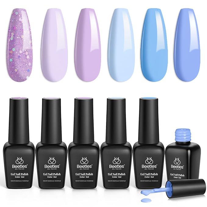 Beetles Gel Nail Polish Set - 6 Colors Purple Baby Blue Light Color Gel Nail Kit Lavender Violets Collection Soak Off UV LED Gel Manicure DIY Periwinkle Nail Polish Salon Gift for Women Girls