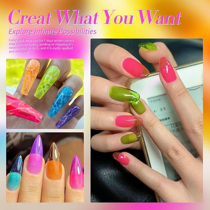 Born Pretty Neon Jelly Nail Polish Set, 6 Colors Halloween Ice Jelly Neon Nail Polish Quick Dry Fingernail Polish Kit Crystal Transparent Hot Pink Yellow Green Blue Nail Lacquer Glossy Polish Set