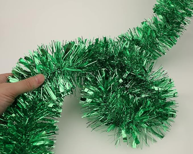 25 ft Long Roll Green Tinsel Twist Garland, Shiny Metallic Foil Decorations for Parade Floats, Halloween, Christmas Eve, New Year Parties (4" x 25' roll, Green)