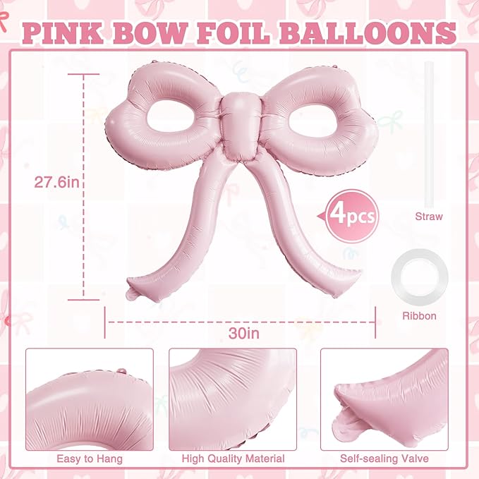 4 Pcs Light Pink Bow Balloons Bow Party Decorations for Girl Women Bow Birthday Decorations Giant Pastel Pink Bow Balloon for Graduation Baby Shower Bridal Wedding Decor Bachelorette Party Supplies