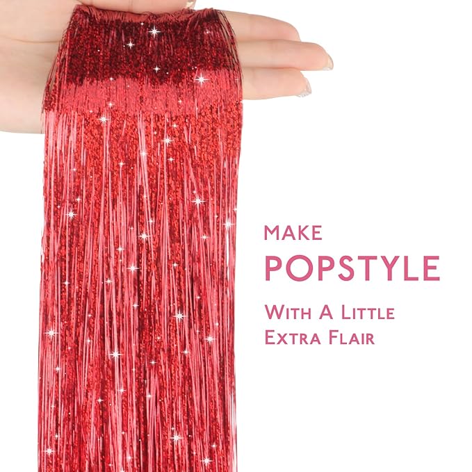 WENNALIFE Hair Tinsel for Girls, Red Fairy Kit 1200 Strands 6PCS 48 Inch Heat Resistant Glitter Hair Extensions Kit Christmas Angel Feathers Sparkle Strands Party Festival