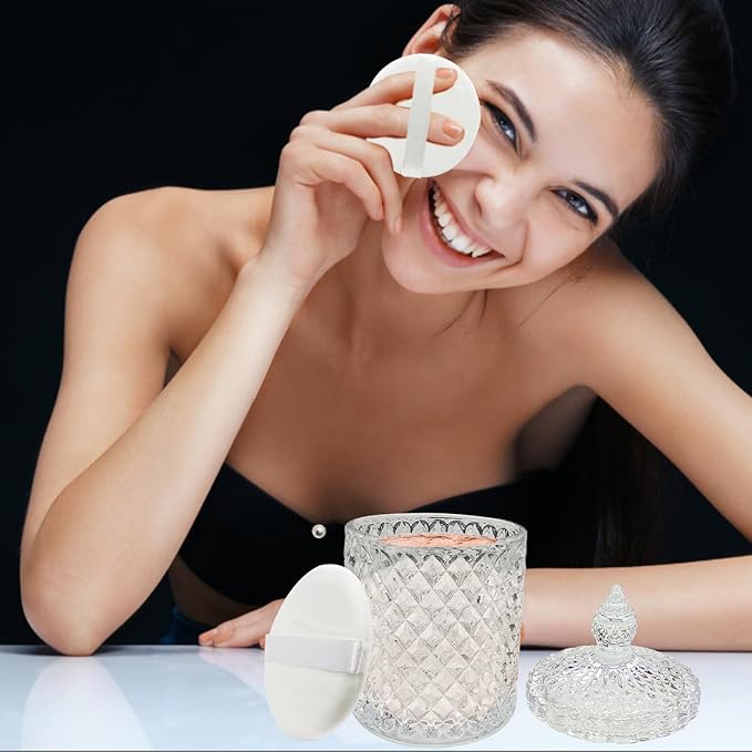 3 Pcs Large Body Powder Puff and Container,Glass Reusable Box Crystal Case Jar with Soft Puff
