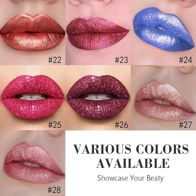 evpct Dark Purple Red Metallic Glitter Lip Liner and Lipstick Combo Lip Gloss Stain Set Makeup for Women Long Lasting Waterproof 24, Non Stick Cup Metal Shine Shimmer Iridescent Liquid Lipstick 26