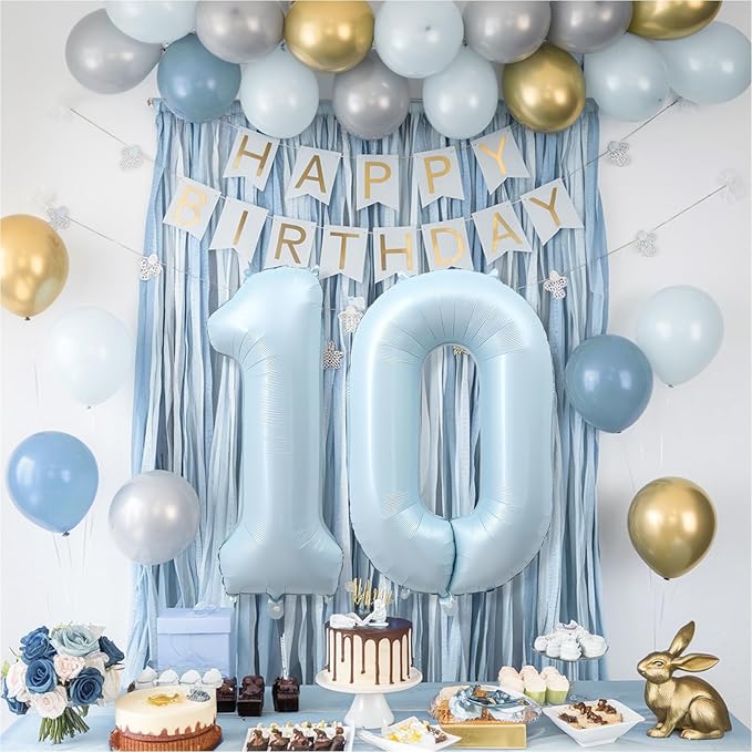 40 Inch 10 Balloon Number, Large Pastel Matte Baby Blue Foil Number 10 Balloons Birthday Party Decor, Light Powder Blue Helium Mylar Self Inflating Balloon for Boy 10th Birthday Anniversary Decoration