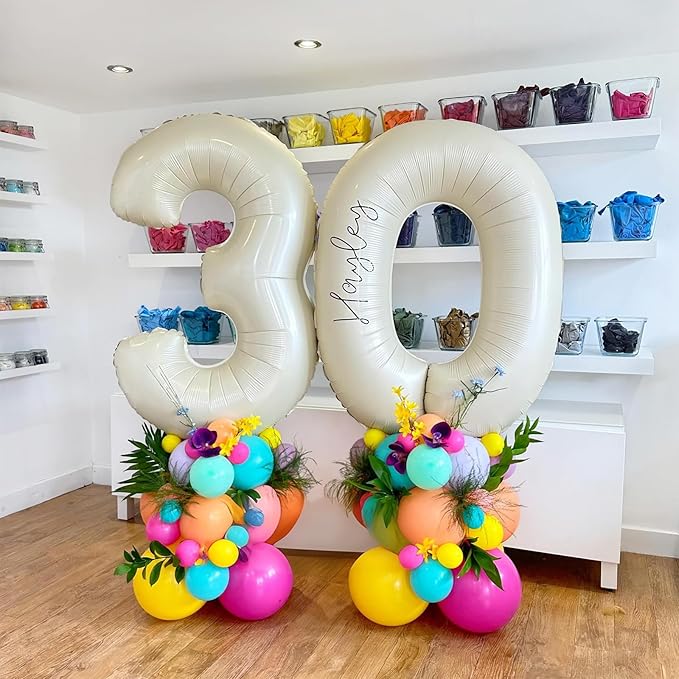 40 Inch Cream Number 30 Balloon, Beige Large Self Inflating Foil 3 & 0 Balloons for Women Men 30th Birthday Decorations 30 Helium Balloon Numbers for 30 Year Old Anniversary Baby Shower Party Supplies