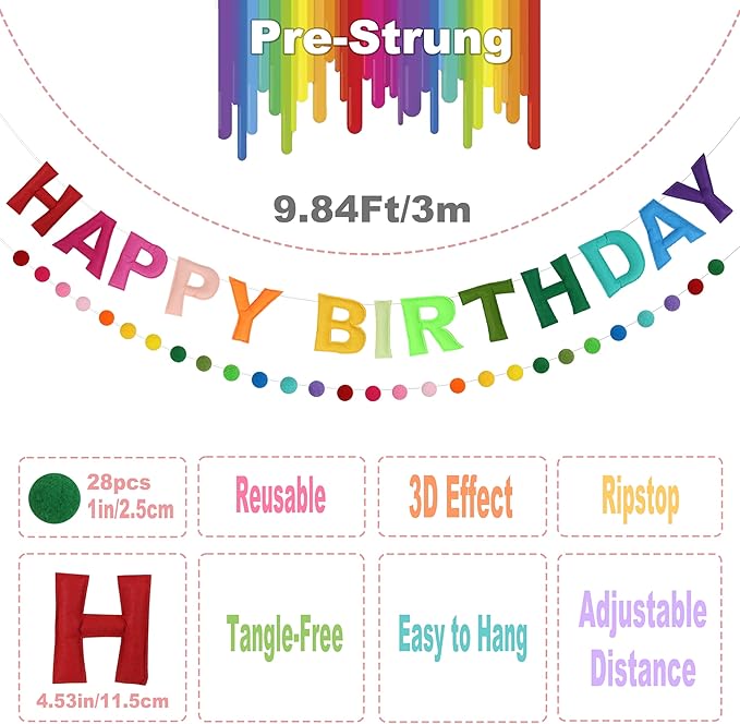 2 PCS Pre-Strung 3D Felt Happy Birthday Banner - Reusable Rainbow Happy Birthday Decorations Sign, Felt Ball Garland, Pom Pom Garland, Party Decor, Photo Prop (RAINBOW)