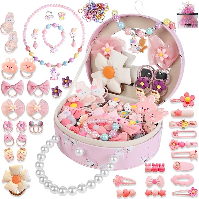 Velachuan Princess Jewelry Box for Girls with Hair Accessories,Girls Hair Clips Bows Set, Fashion Hair Styling Kit with Mirror,Pink Sparkle Trinket Box Includes Hair Clips (Flower)