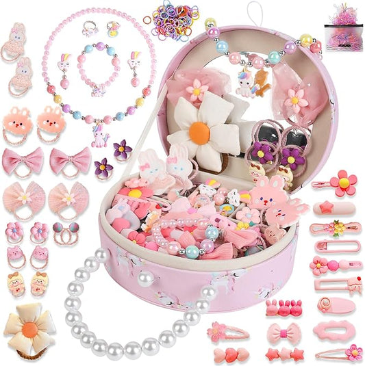 Velachuan Princess Jewelry Box for Girls with Hair Accessories,Girls Hair Clips Bows Set, Fashion Hair Styling Kit with Mirror,Pink Sparkle Trinket Box Includes Hair Clips (Flower)
