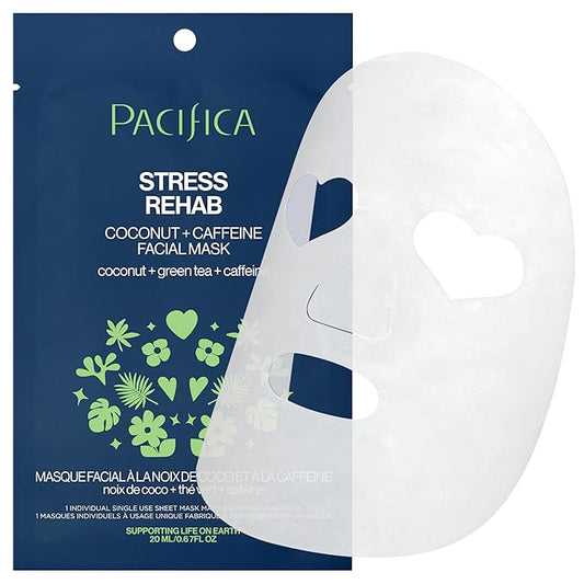 Pacifica Sheet Mask - Skin Rehab Coconut & Caffeine Facial Mask - Sheet Mask for Redness & Puffiness, Infused w/Green Tea, Turmeric & Hyaluronic Acid, Vegan & Cruelty-Free Skincare