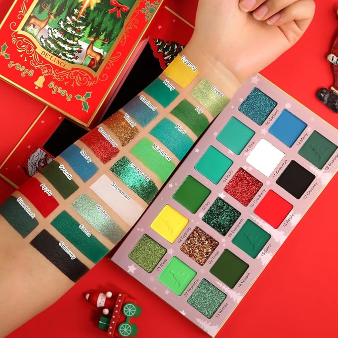 DE'LANCI Multichrome Red Green Eyeshadow Pallet,18 Colors Highly Pigmented Matte Shimmer Christmas Makeup Palette, Red Green Gold Fine Pressed Glitter Shades for Cosplay Parties Christmas Halloween
