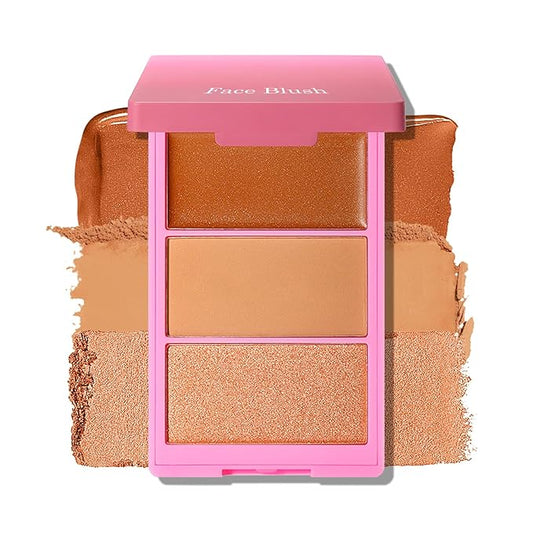 KYDA 3 Colors Blush Palette, All-In-One Face Maleup Palette, Matte Cheek Blusher Makeup, Multi-Finish Shimmery Blusher, Blendable Blush Highlighter Powder,02
