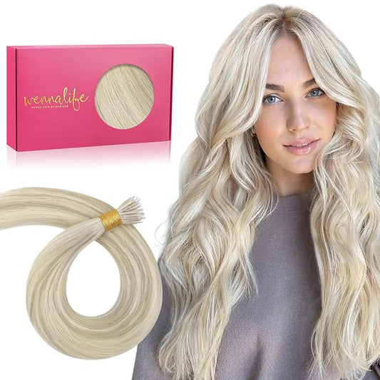 WENNALIFE Nano Bead Hair Extensions Human Hair, 50g 100s 14 Inch Ash Blonde Highlighted Platinum BlondeReal Human Hair Extensions for Women Invisible Nano Ring Hair Extensions Remy Hair Extensiones