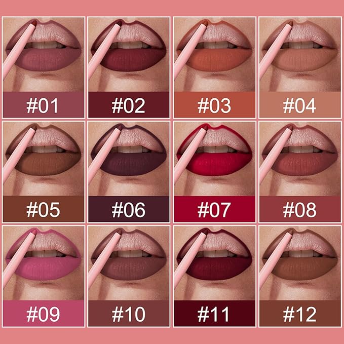 12 Colors Retractable Lip Liner Kit for Define & Sculpting Lips Shades, Long Lasting Waterproof High Pigment Matte Finish Creamy Texture Lip Liner Pencil Set for Women (12 Colors, M)