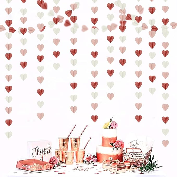 Rose-Gold Pink White 3D-Heart Garland - 39Ft Party Decorations Hanging Paper Streamers Banner,Engagement Wedding Bachelorette Baby Bridal Shower Decor Ouruola