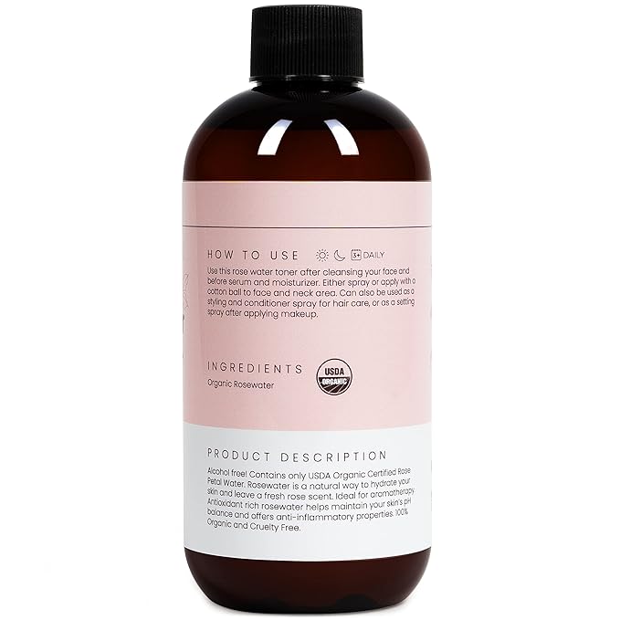Rose Water Spray for Face & Hair (Refill) - Organic USDA Certified Rosewater Facial Toner - Alcohol-Free Makeup Setting Hydrating Face Mist - Anti-Aging Toner Spray - 8 Fl Oz