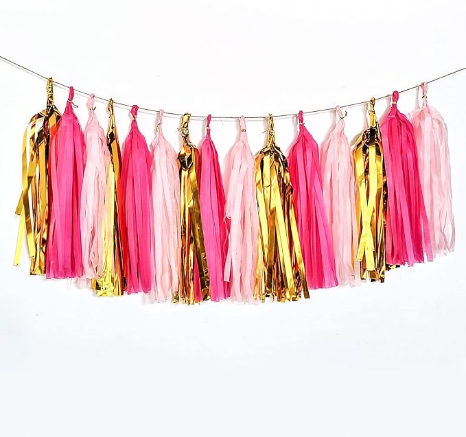 Pink and Gold Tassel Garland,Paper Tassel Banner,Table Decor,Pink and Gold Tissue Tassels Party Decor Supplies for Party,DIY Kits - (15 PCS)