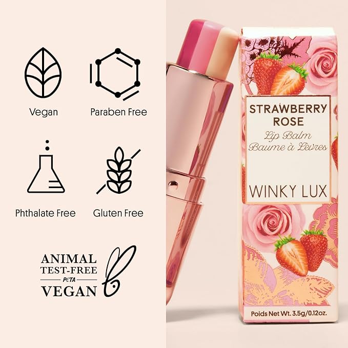 Winky Lux Strawberry Rose Tri-Color Tinted Lip Balm – Hydrating Lip Balm, Sheer Pink Tint, Lip Care with Jojoba Oil & Vitamin E, Moisturizes & Softens Dry Lips, Buttery Soft with Strawberry Rose Scent