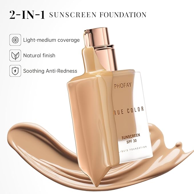 PHOFAY Matte Sunscreen Liquid Foundation SPF 30 (1.02 fl oz) - Long-Wearing Oil-Control, Concealing & Non-Greasy Buildable Coverage, Suitable for Most Skin Types, Daily & Outdoor Use (04#)
