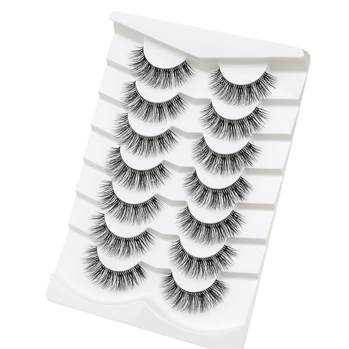 3D Clear Band False EyeLashes Soft Faux Mink Lashes Wispy Fluffy Eyelashes Natural Cat Eye Short Reusable 7 Pairs Happy Heartbeat(No.198)