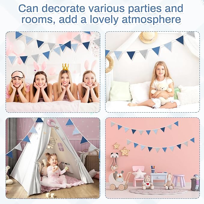 2PCS Pennant Banner Flags, Fabric Bunting Banner Nursery Garland Decor, Baby Shower Garland, Triangle Flags for Baby Boy Room, Playroom, Boho Birthday Party Decor, Each 7.75 ft (Blue Gray)