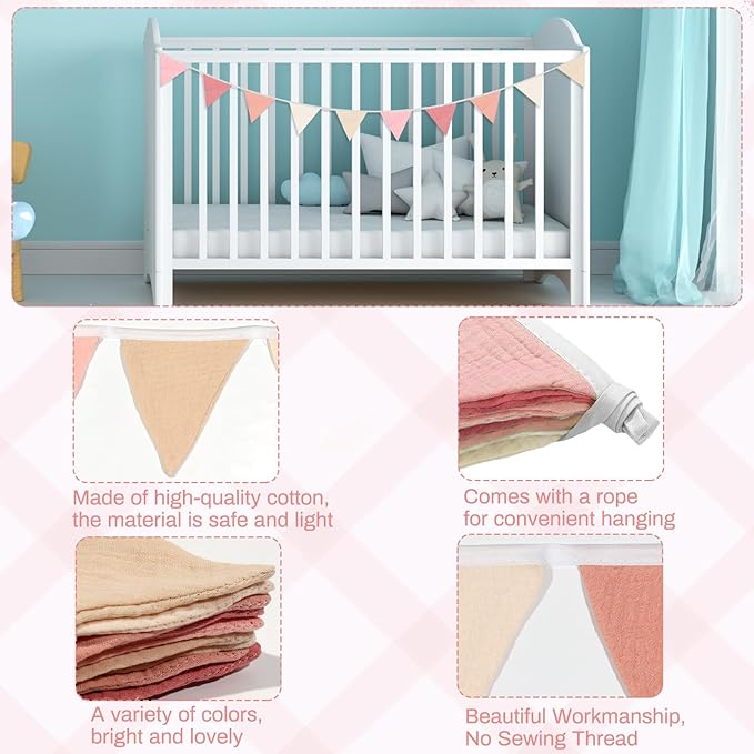 2PCS Pennant Banner Flags, Fabric Bunting Banner Nursery Garland Decor, Baby Shower Garland, Triangle Flags for Baby Boy Room, Playroom, Boho Birthday Party Decor, Each 7.75 ft (Pink Beige)