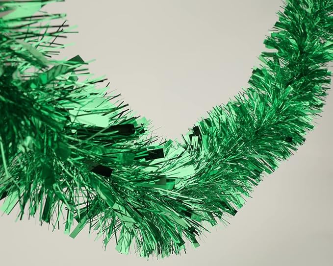 25 ft Long Roll Green Tinsel Twist Garland, Shiny Metallic Foil Decorations for Parade Floats, Halloween, Christmas Eve, New Year Parties (4" x 25' roll, Green)