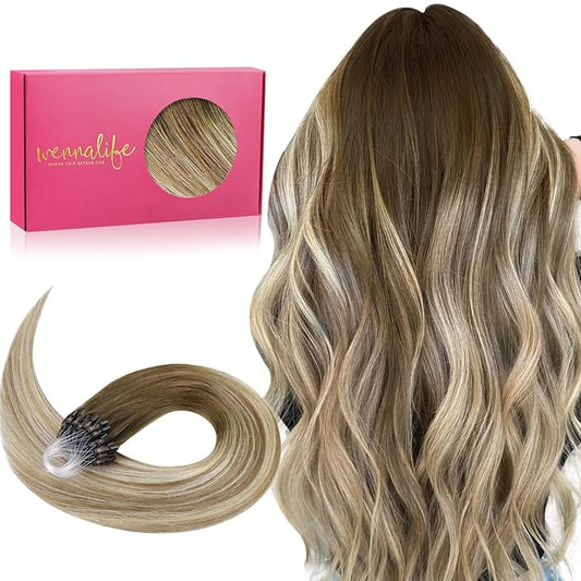 WENNALIFE Microlink Hair Extensions Human Hair, 50g 50s 14 Inch Ombre Walnut Brown to Ash Brown and Bleach Blonde Remy Hair Microbead Micro Link Microloop Microring Invisible Straight Natural Fusion