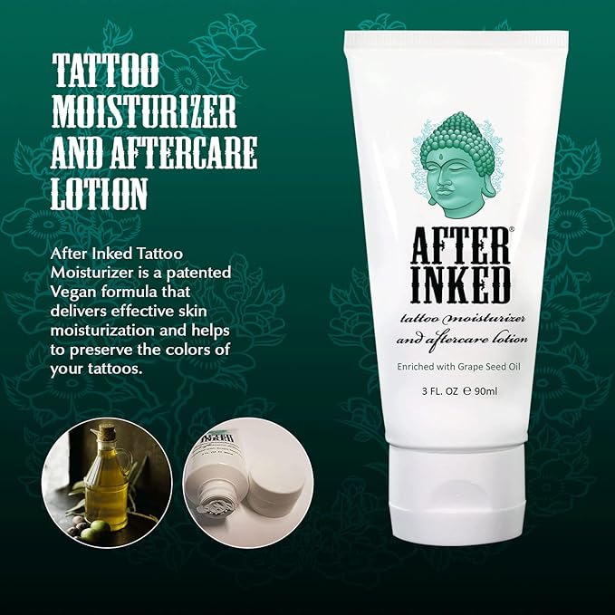 After Inked Tattoo Aftercare Lotion – Moisturizing Balm for Inked Skin, As Seen on INK MASTER – Hydrating Cream with Grape Seed Oil, Skin Nourishment & Daily Maintenance – 3 Fluid oz Tube (2-Pack)